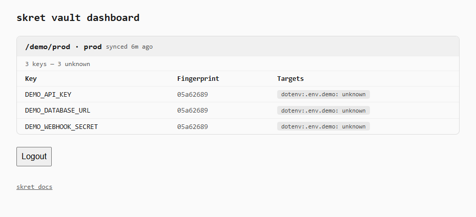 skret vault dashboard showing per-key sync status badges